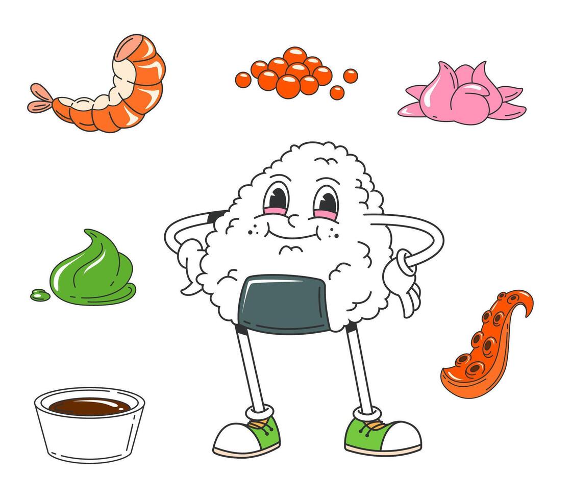 desenho animado japonês groovy onigiri Sushi personagem vetor