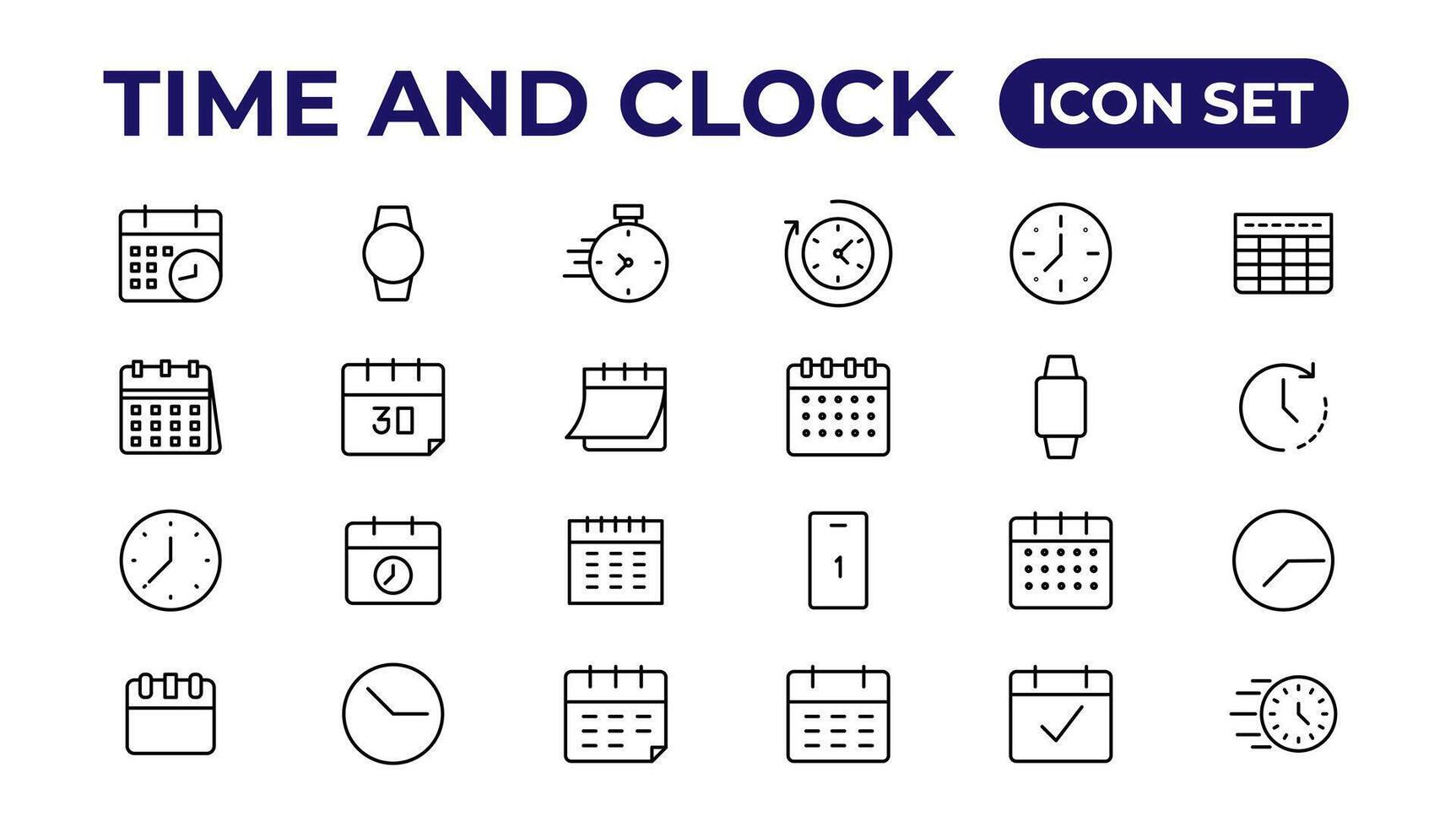 Tempo e relógio, calendário, cronômetro linha ícones. vetor linear ícone conjunto