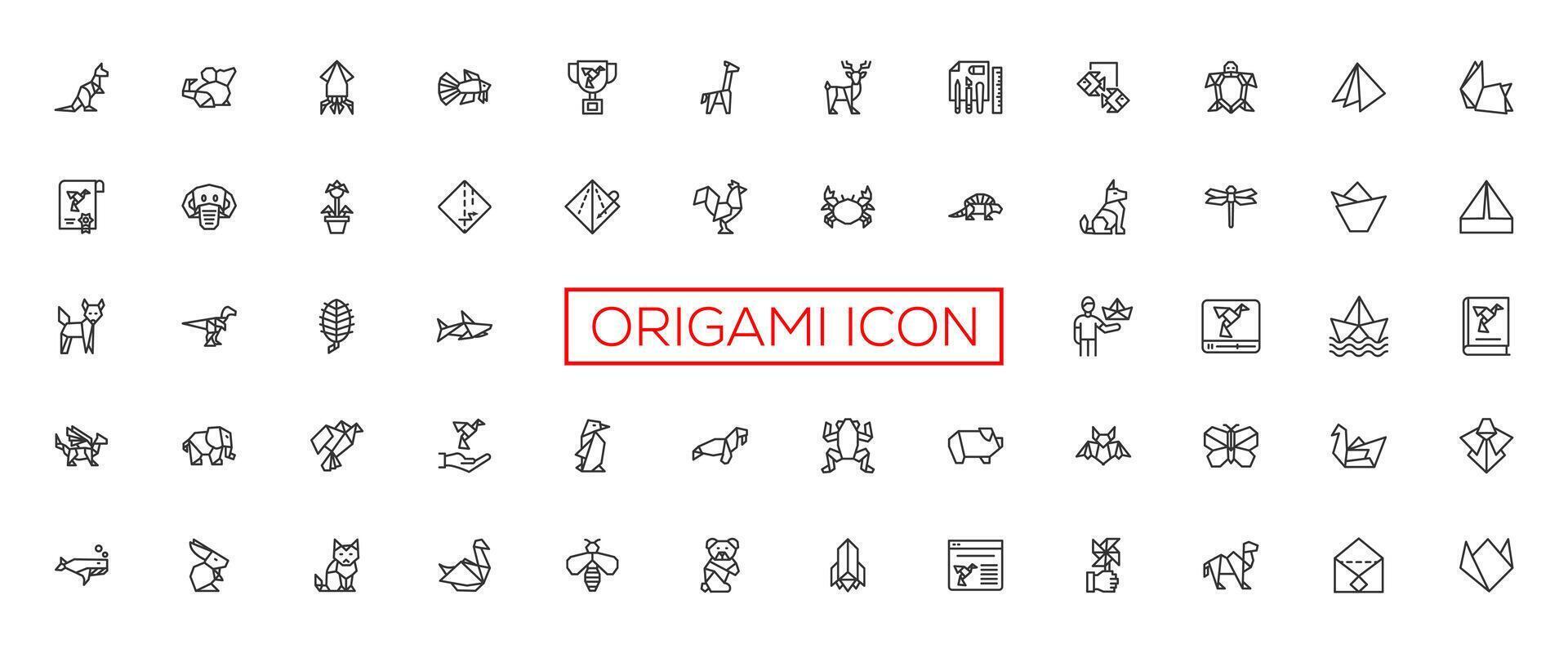 origami, animais guardada a partir de papel fino linha ícones, pinguim, camelo, Raposa, urso, peixe, rato, pássaro, elefante, canguru, lebre, selo, guaxinim. moderno vetor ilustração