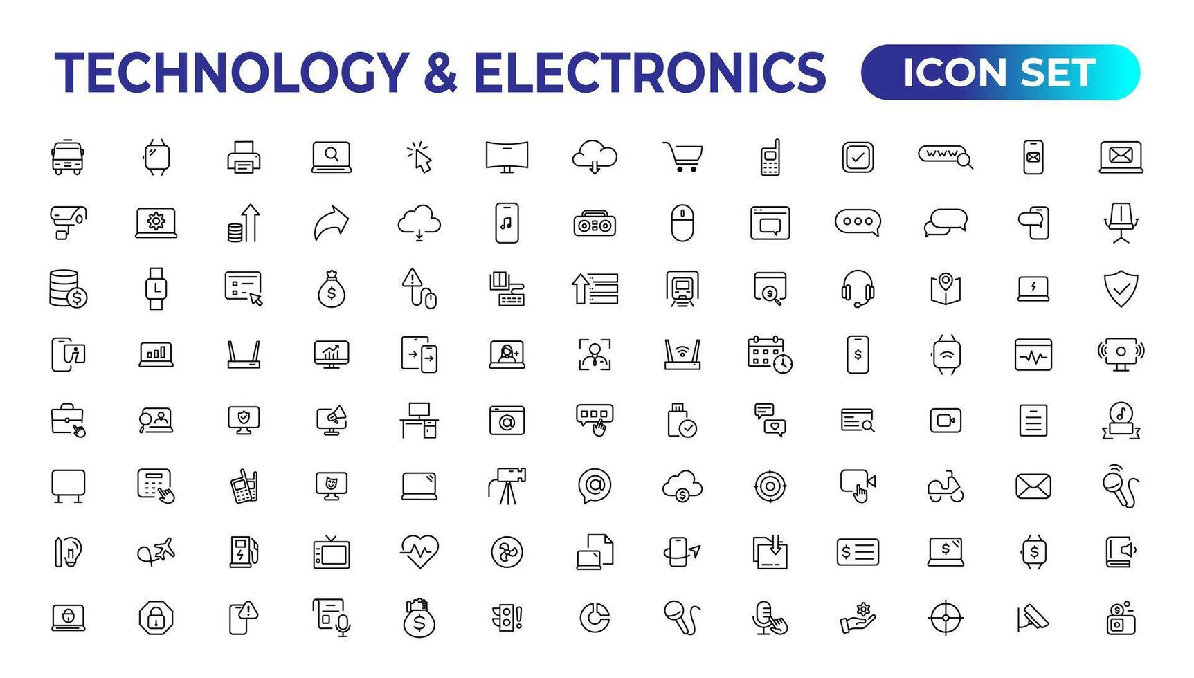 tecnologia e eletrônicos e dispositivos rede ícones dentro linha estilo. dispositivo, telefone, computador portátil, comunicação, Smartphone, comércio eletrônico. vetor ilustração.