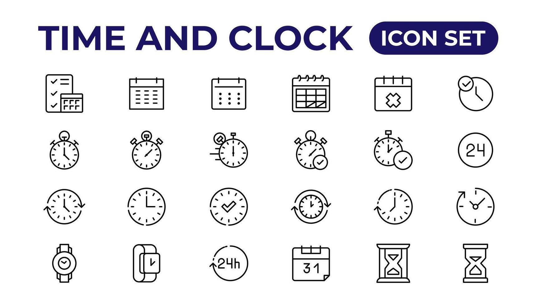 Tempo e relógio, calendário, cronômetro linha ícones. vetor linear ícone conjunto