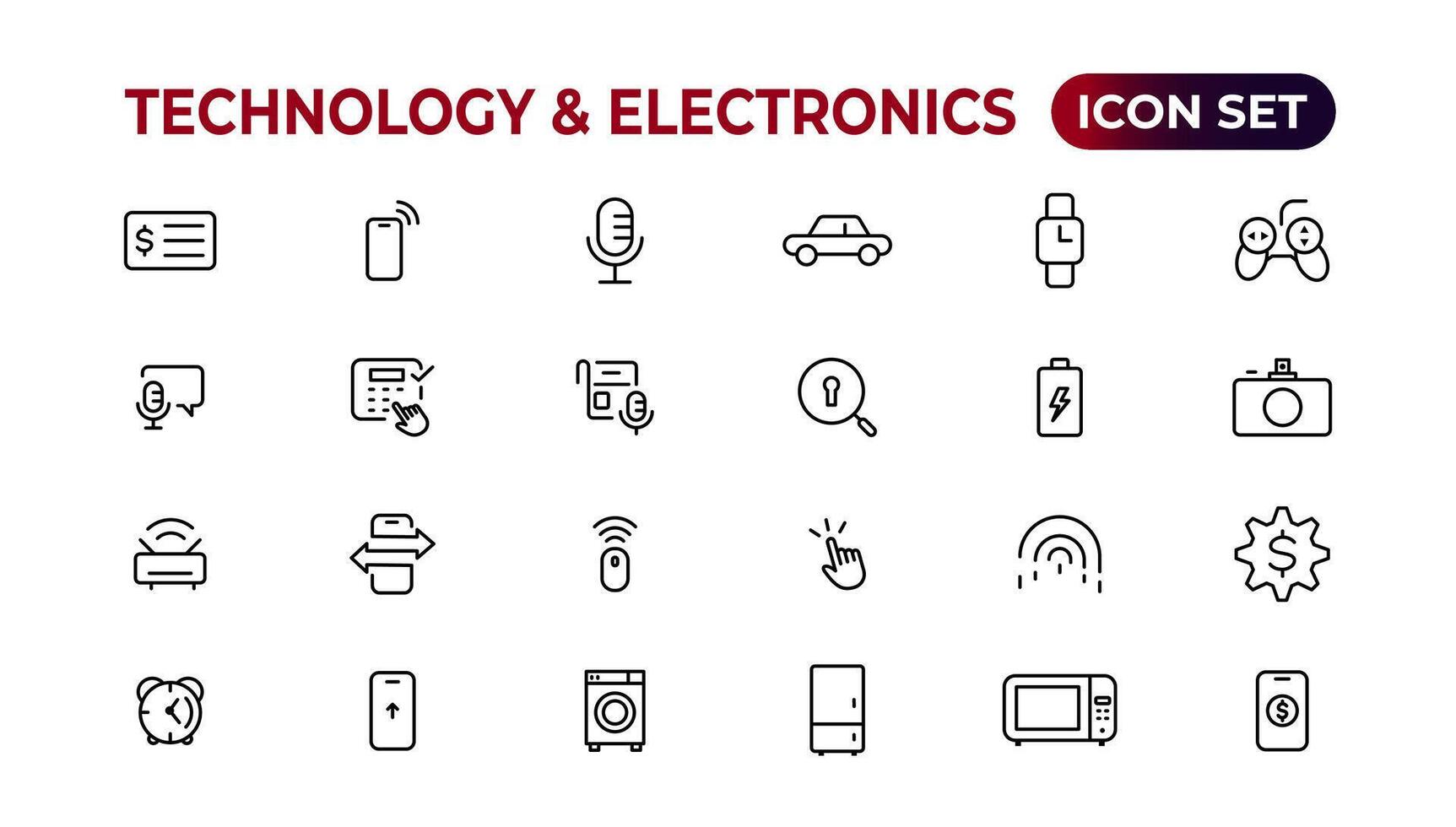 tecnologia e eletrônicos e dispositivos rede ícones dentro linha estilo. dispositivo, telefone, computador portátil, comunicação, Smartphone, comércio eletrônico. vetor ilustração.