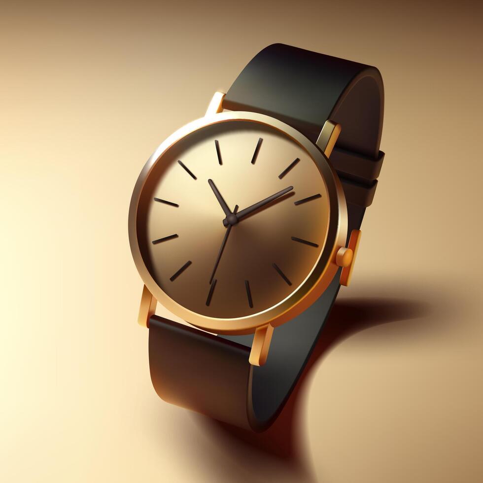 3d realista dourado clássico vintage unissex pulso assistir. fechar-se isolado em ouro fundo. relógio de pulso com couro pulseira, vetor ilustração