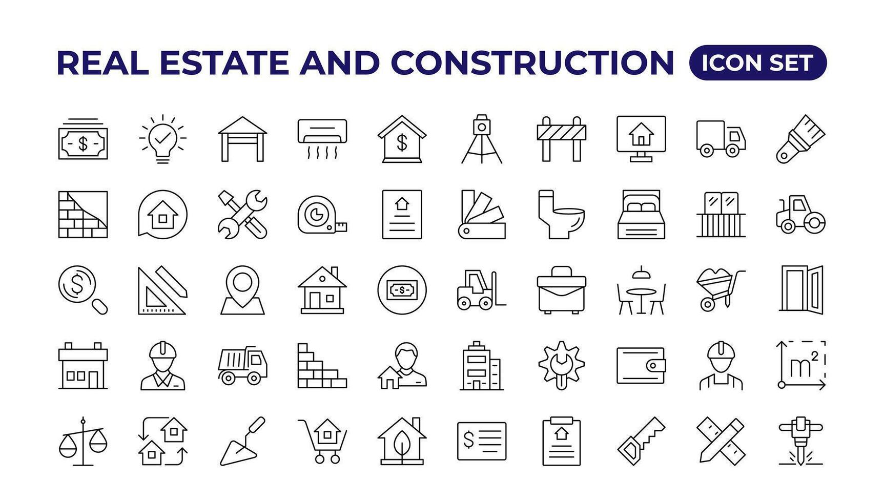 real Estado e construção ícone definir. incluído a ícones Como realidade, propriedade, casa empréstimo e mais. esboço ícones coleção. vetor