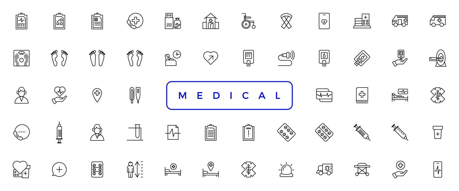 medicamento e saúde plano ícones. coleção saúde Cuidado médico placa ícones vetor