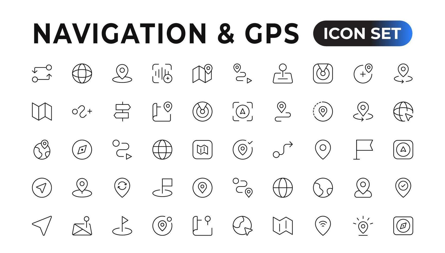 localização ícone definir. contendo mapa, mapa alfinete, GPS, destino, instruções, distância, lugar, navegação e endereço ícones. sólido ícones vetor coleção.