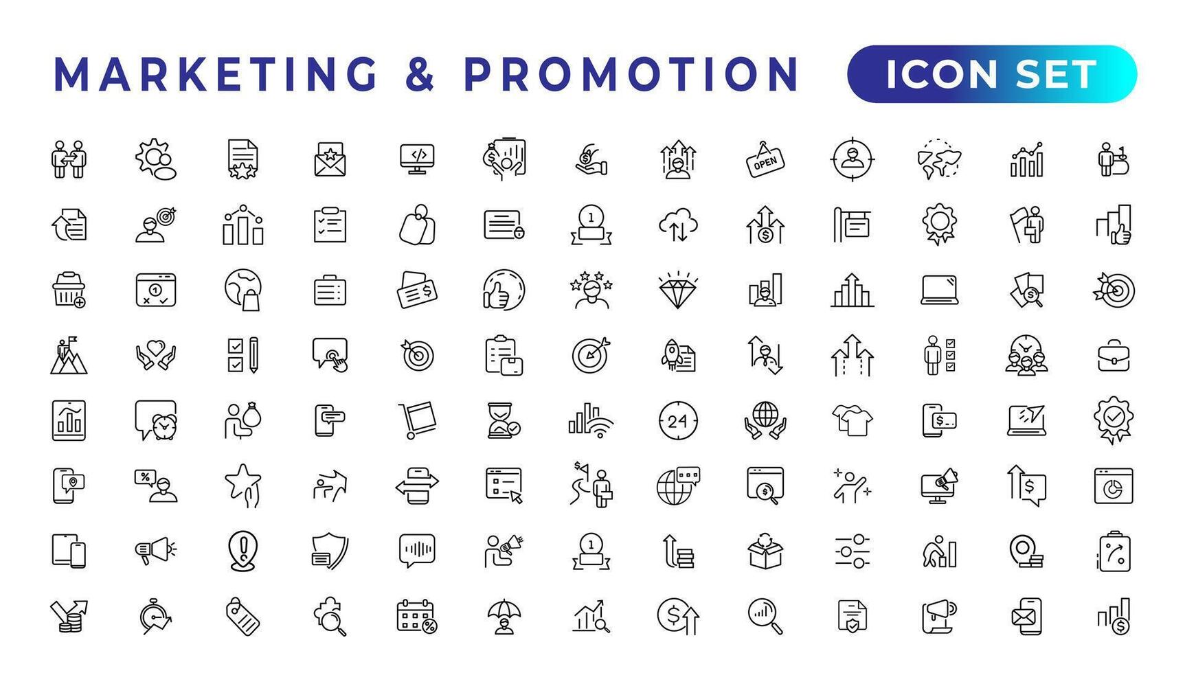 marketing e promoção linear ícones coleção.conjunto do fino linha rede ícone definir, simples esboço ícones coleção, pixel perfeito ícones, simples vetor ilustração.