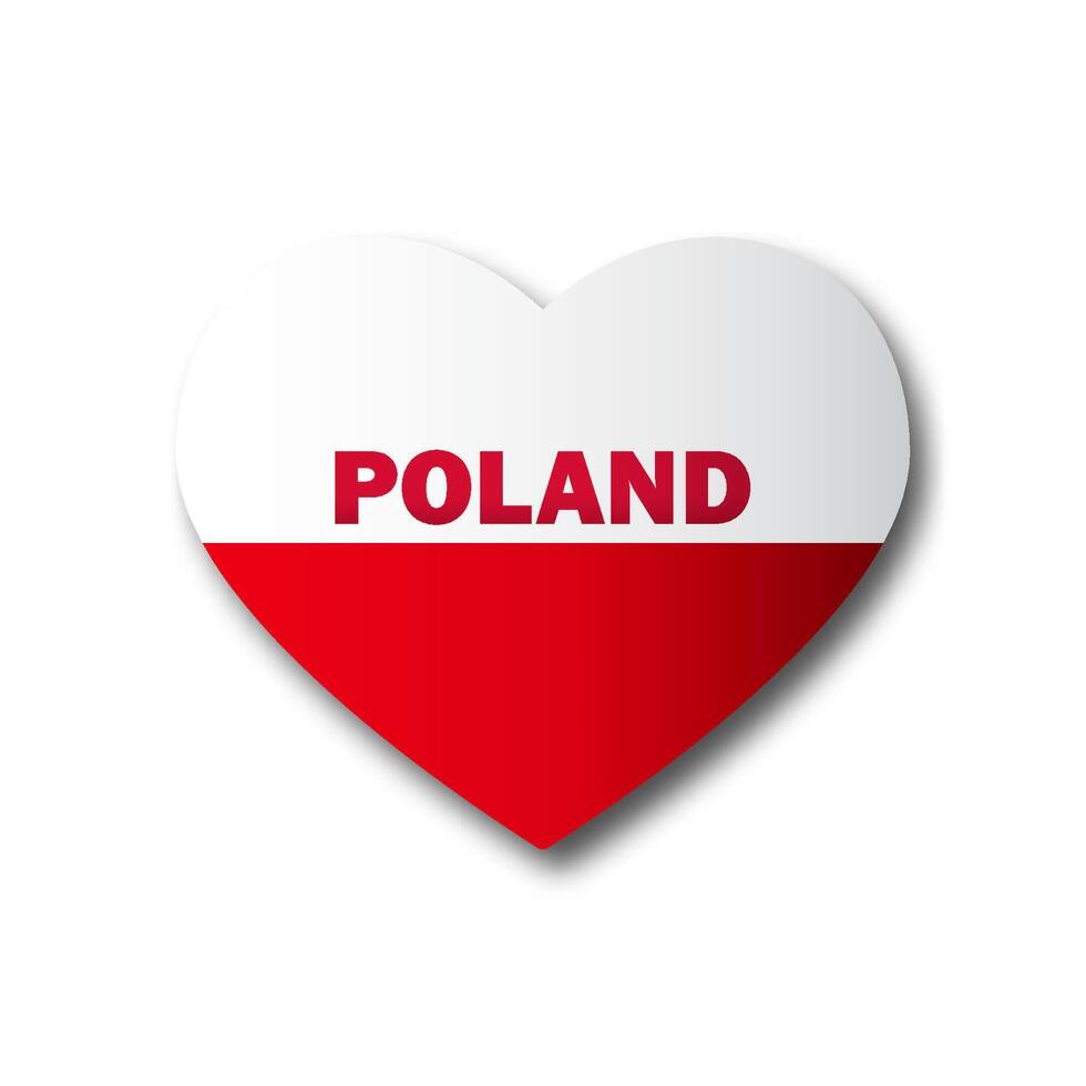 Polônia coração em forma bandeira com letras e sombra. polonês ícone. plano vetor ilustração.