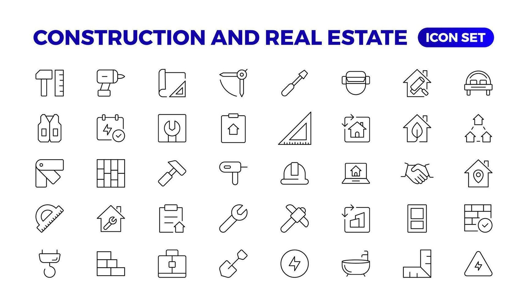 real Estado e construção linha ícones definir. real Estado esboço ícones coleção. compra e venda do habitação, construtor, guindaste, aluguel do instalações, seguro, realidade, medir, ferramenta. fino linha ícone. vetor