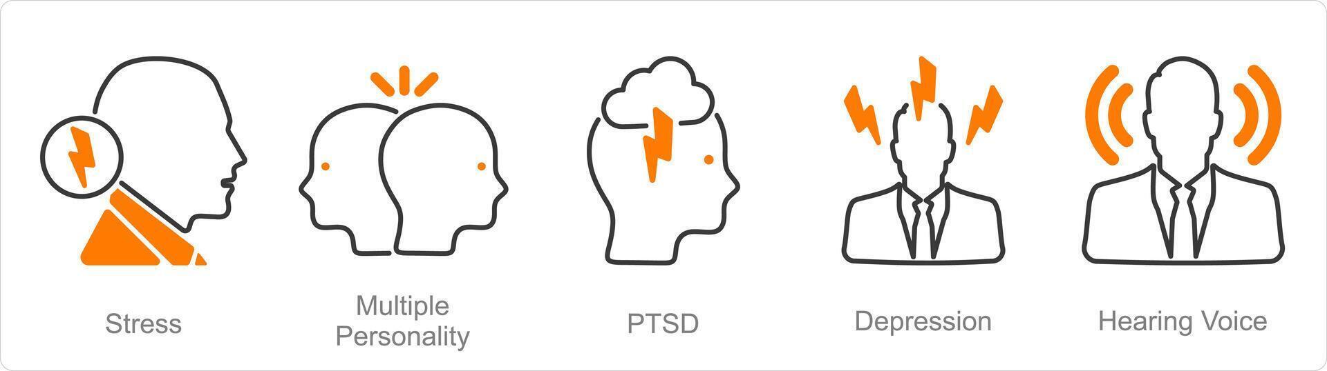 uma conjunto do 5 mental saúde ícones Como estresse, múltiplo personalidade, ptsd vetor
