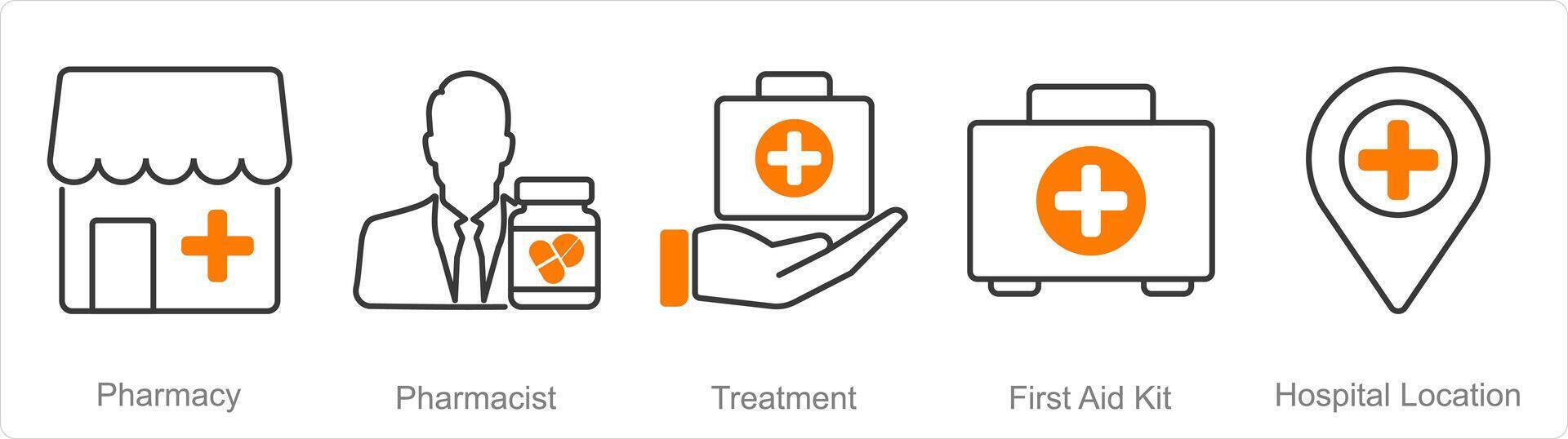 uma conjunto do 5 farmacia ícones Como farmacia, farmacêutico, tratamento vetor