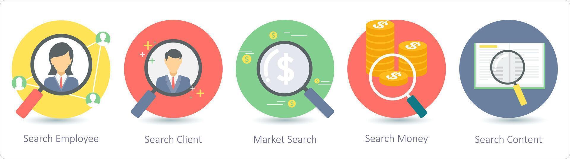 uma conjunto do 5 o negócio ícones Como procurar funcionário, procurar cliente, mercado procurar vetor