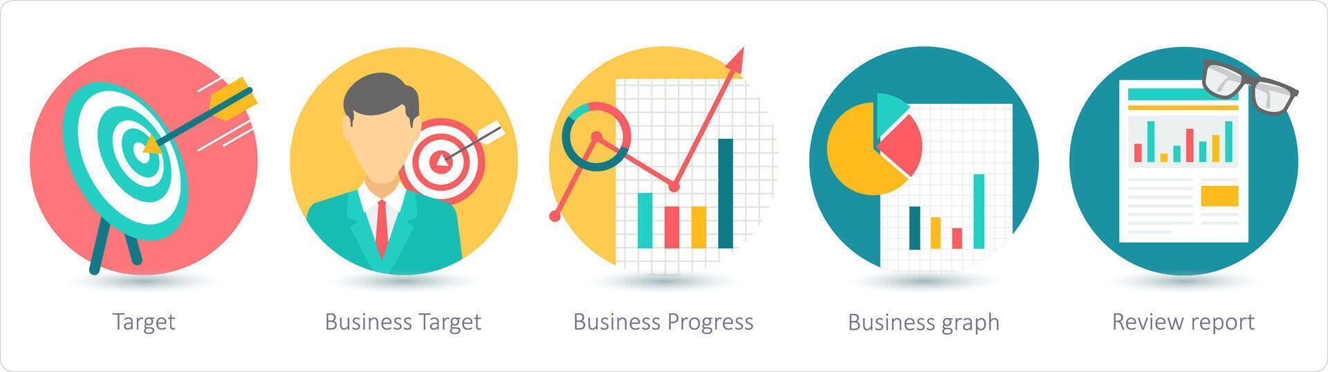 uma conjunto do 5 o negócio ícones Como alvo, o negócio alvo, o negócio progresso vetor