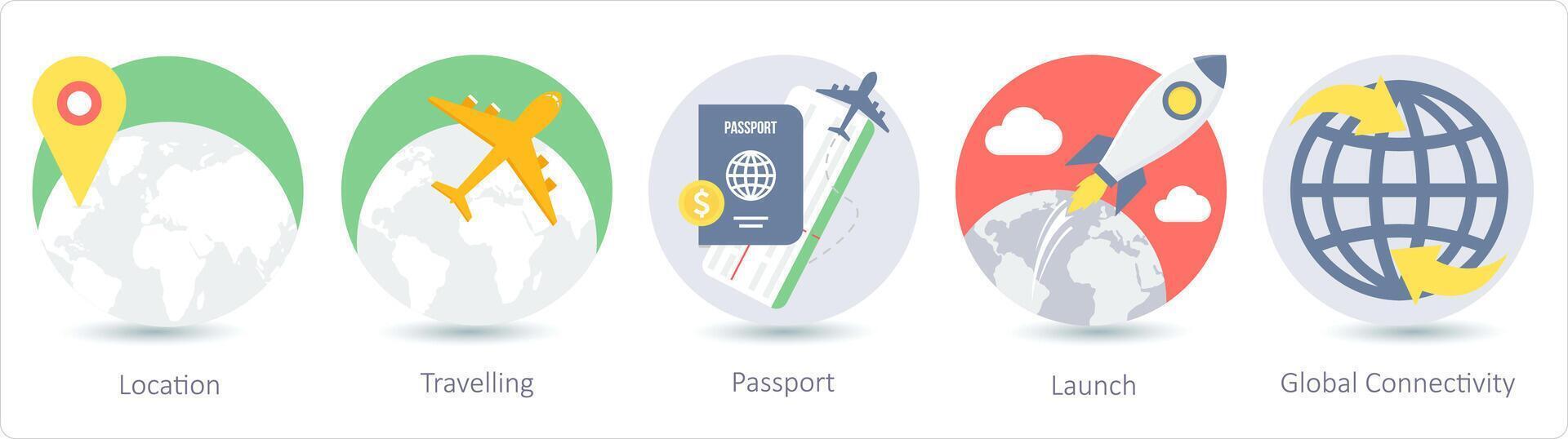 uma conjunto do 5 o negócio ícones Como localização, viajando, Passaporte vetor