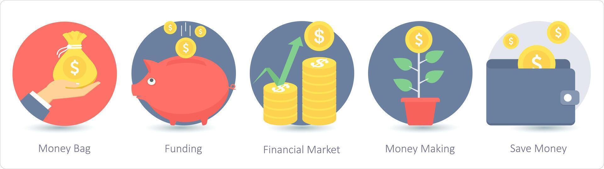 uma conjunto do 5 o negócio ícones Como dinheiro bolsa, financiamento, financeiro mercado vetor