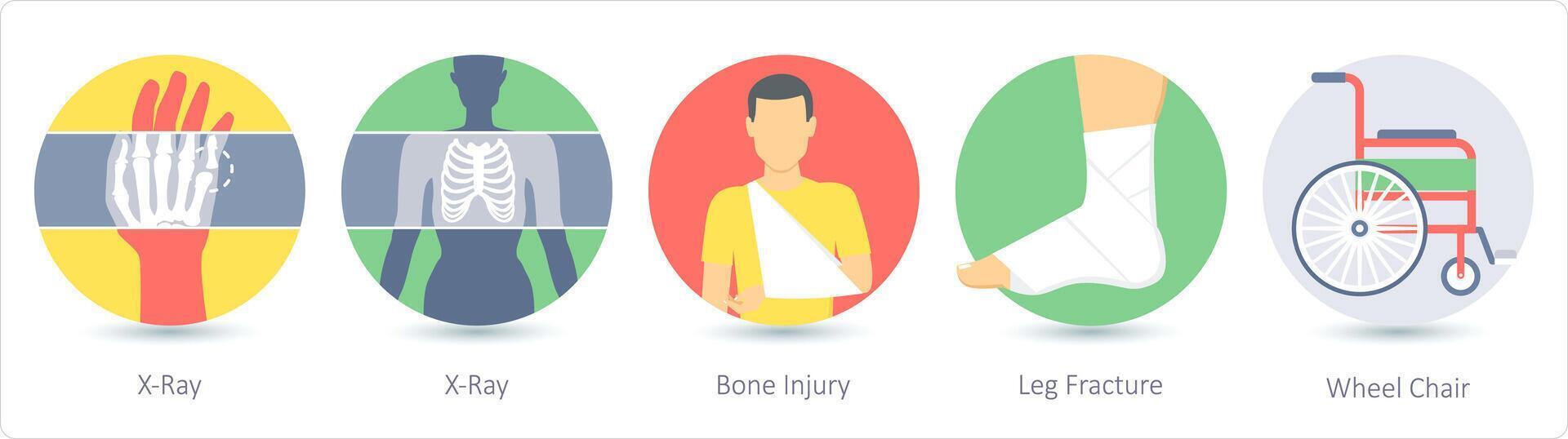 uma conjunto do 5 médico ícones Como raio X, osso ferida, perna fratura vetor