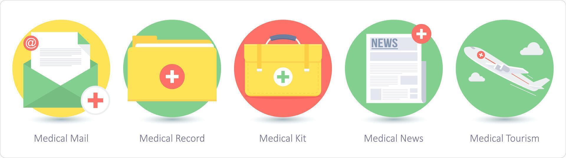 uma conjunto do 5 médico ícones Como médico correspondência, médico registro, médico kit vetor