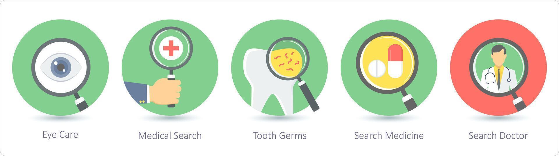 uma conjunto do 5 médico ícones Como olho Cuidado, médico Cuidado, dente germes vetor