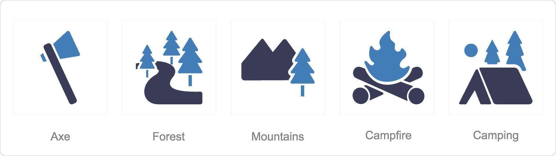 uma conjunto do 5 aventura ícones Como Machado, floresta, montanhas vetor