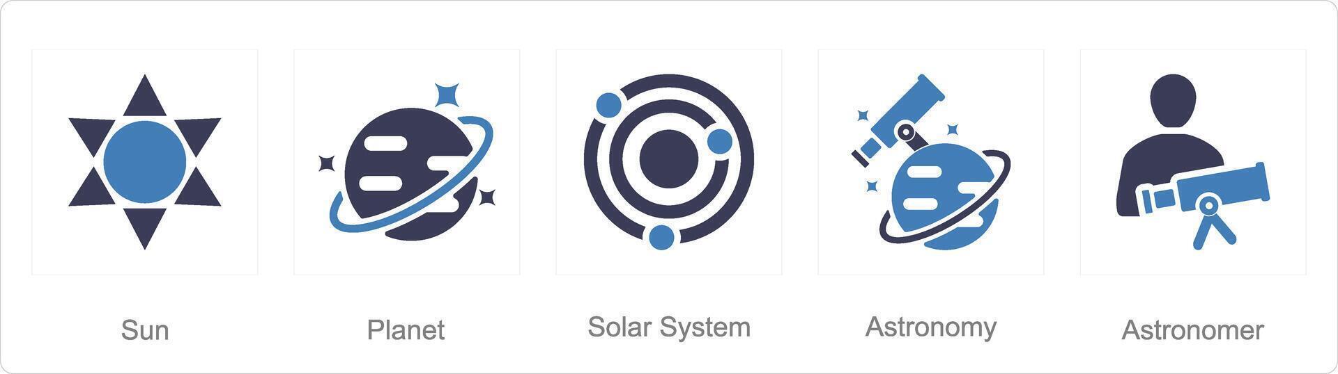 uma conjunto do 5 astronomia ícones Como sol, planeta, solar sistema vetor