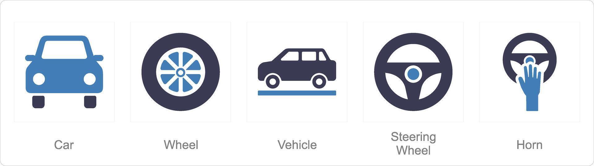 uma conjunto do 5 carro ícones Como carro, roda, veículo vetor