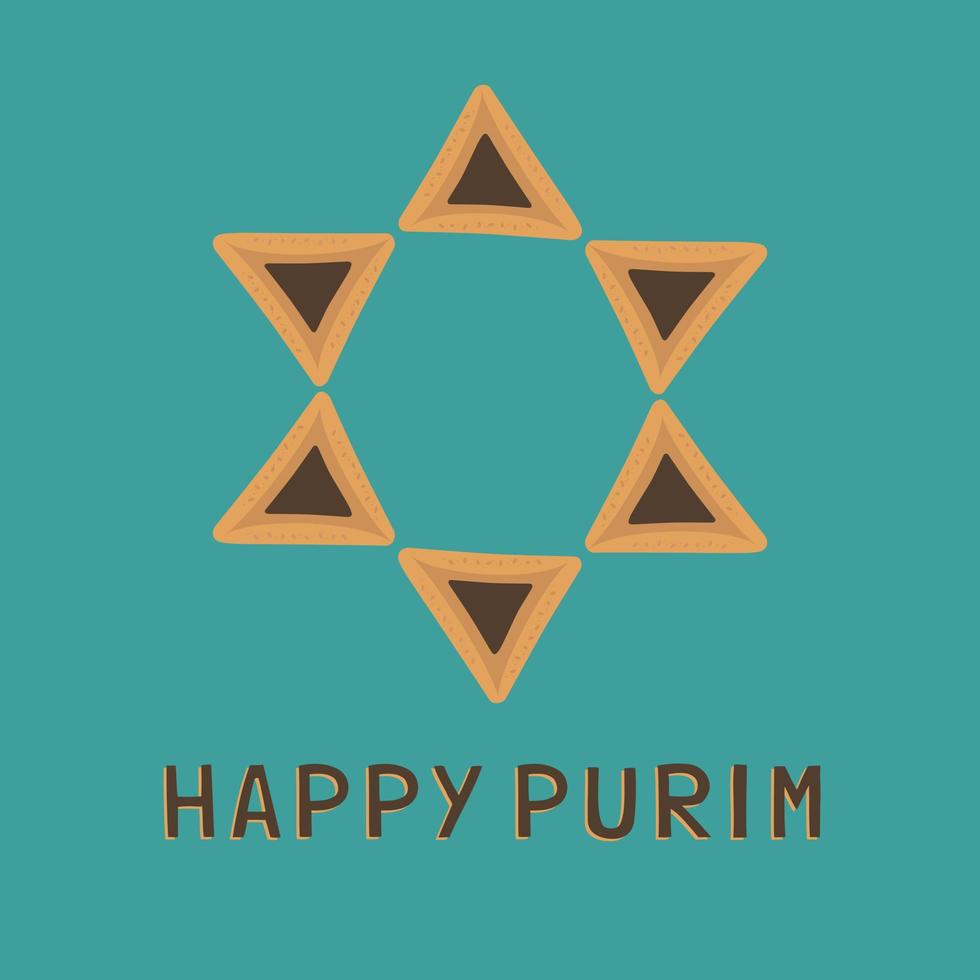 ícones de design plano de feriado de Purim de hamantashs em formato de estrela de David com texto em inglês vetor