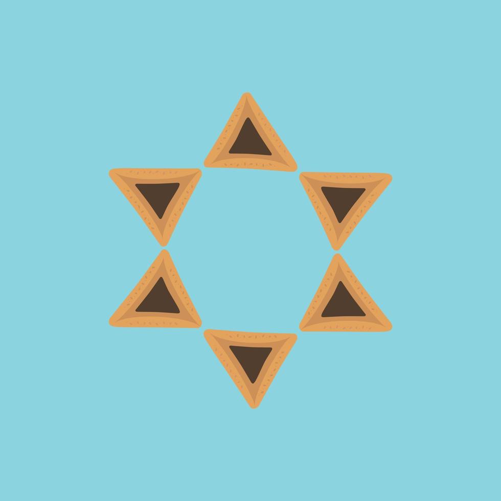ícones de design plano de feriado de Purim de hamantashs em formato de estrela de David com fundo azul vetor