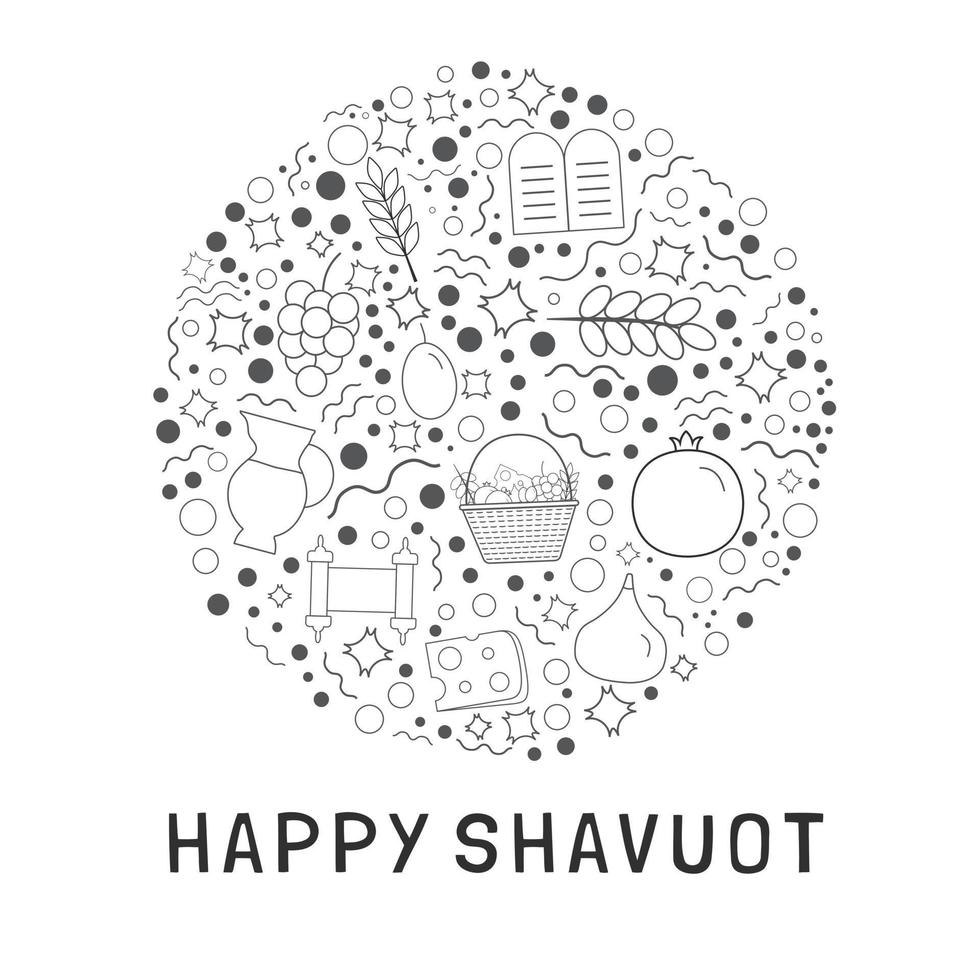 shavuot holiday flat design ícones de linhas finas pretas definidos em formato redondo com texto em inglês vetor