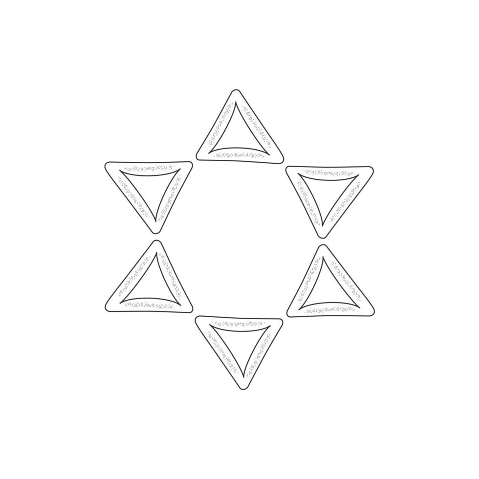 Purim feriado design plano ícones de linhas finas pretas de hamantashs em forma de estrela de David vetor