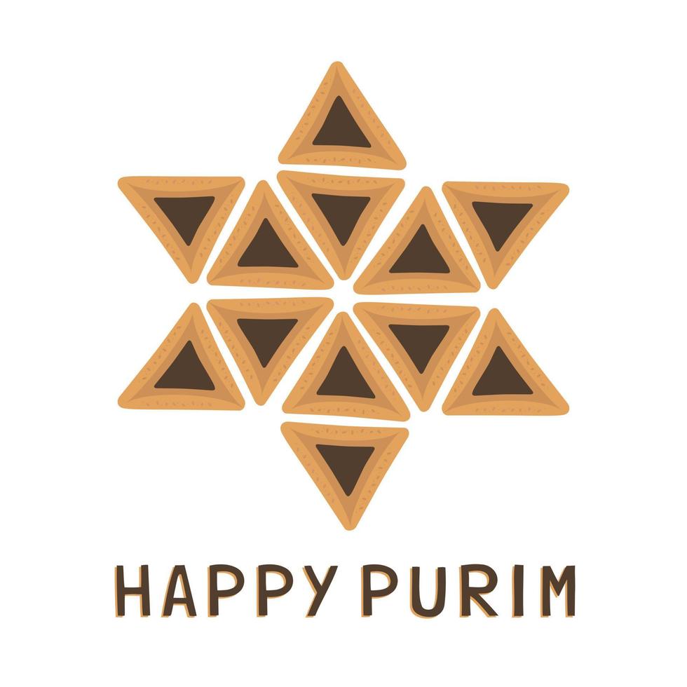 ícones de design plano de feriado de Purim de hamantashs em formato de estrela de David com texto em inglês vetor