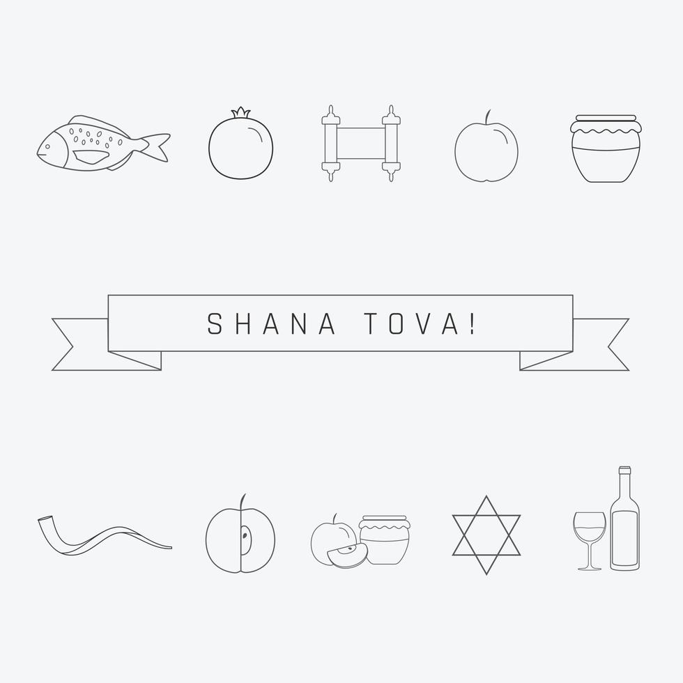 Rosh Hashaná feriado design plano ícones de linhas finas pretas com texto em inglês vetor
