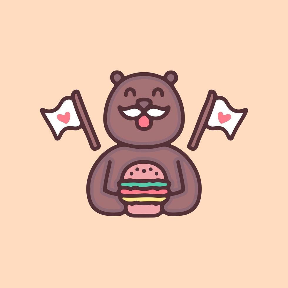 urso feliz com bigode segurando desenhos animados de hambúrguer, ilustração para adesivos e camiseta. vetor