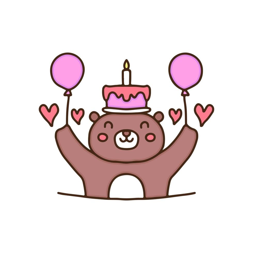 urso feliz com bolo de aniversário e desenhos de balões, ilustração para adesivos e camiseta. vetor