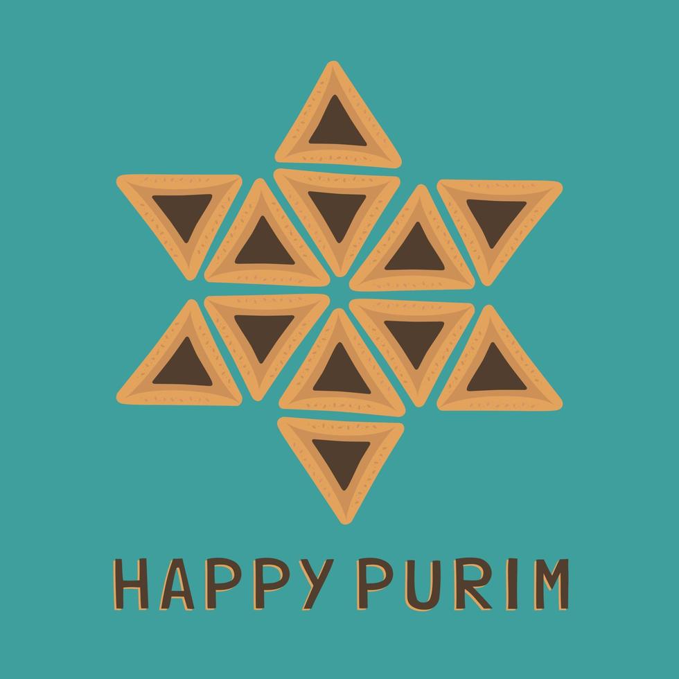 ícones de design plano de feriado de Purim de hamantashs em formato de estrela de David com texto em inglês vetor