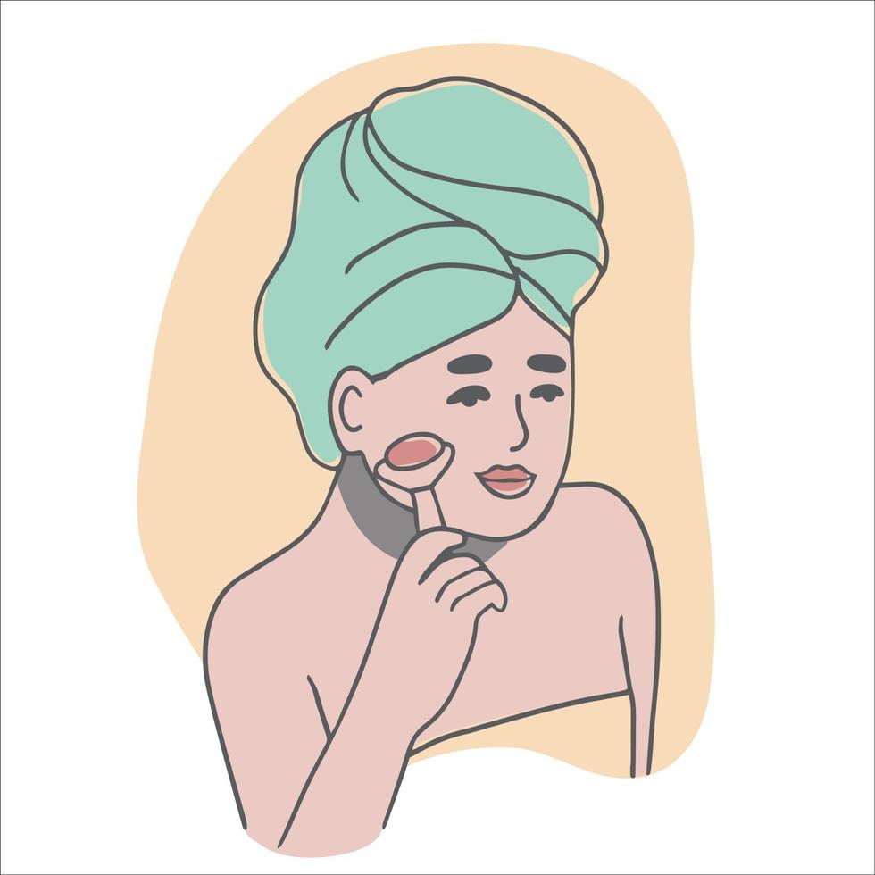 mulher usando rolo de massagem facial. conceito de cuidados com a pele e beleza. ilustração vetorial desenhada à mão vetor