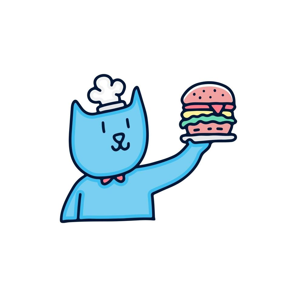 gato bonito com chapéu de chef trazendo ilustração de hambúrguer. gráficos vetoriais para impressões de camisetas e outros usos. vetor