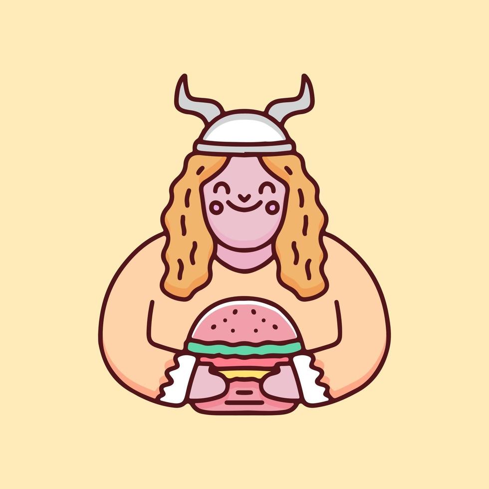 mulher viking bonita com desenho de hambúrguer, ilustração para adesivos e camiseta. vetor