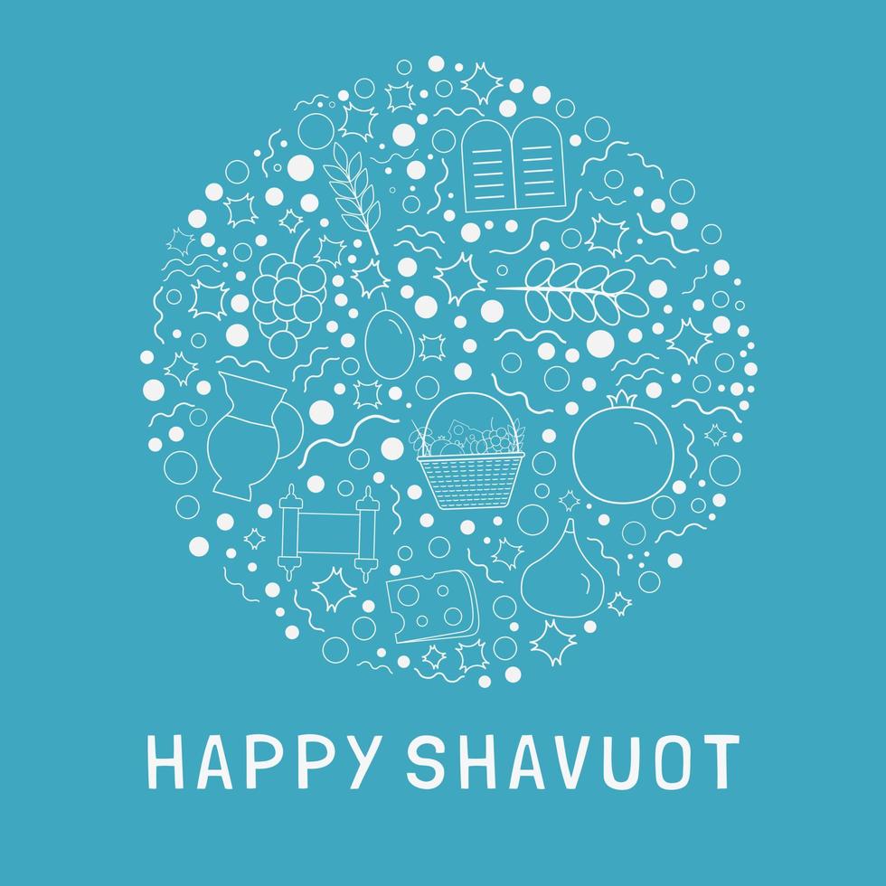 shavuot holiday flat design ícones de linhas finas brancas definidos em formato redondo com texto em inglês vetor