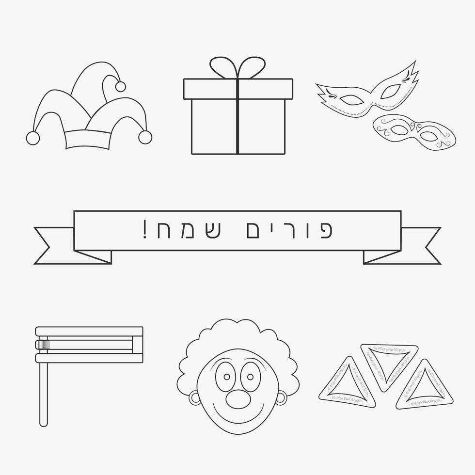 Purim feriado design plano ícones de linhas finas pretas com texto em hebraico vetor