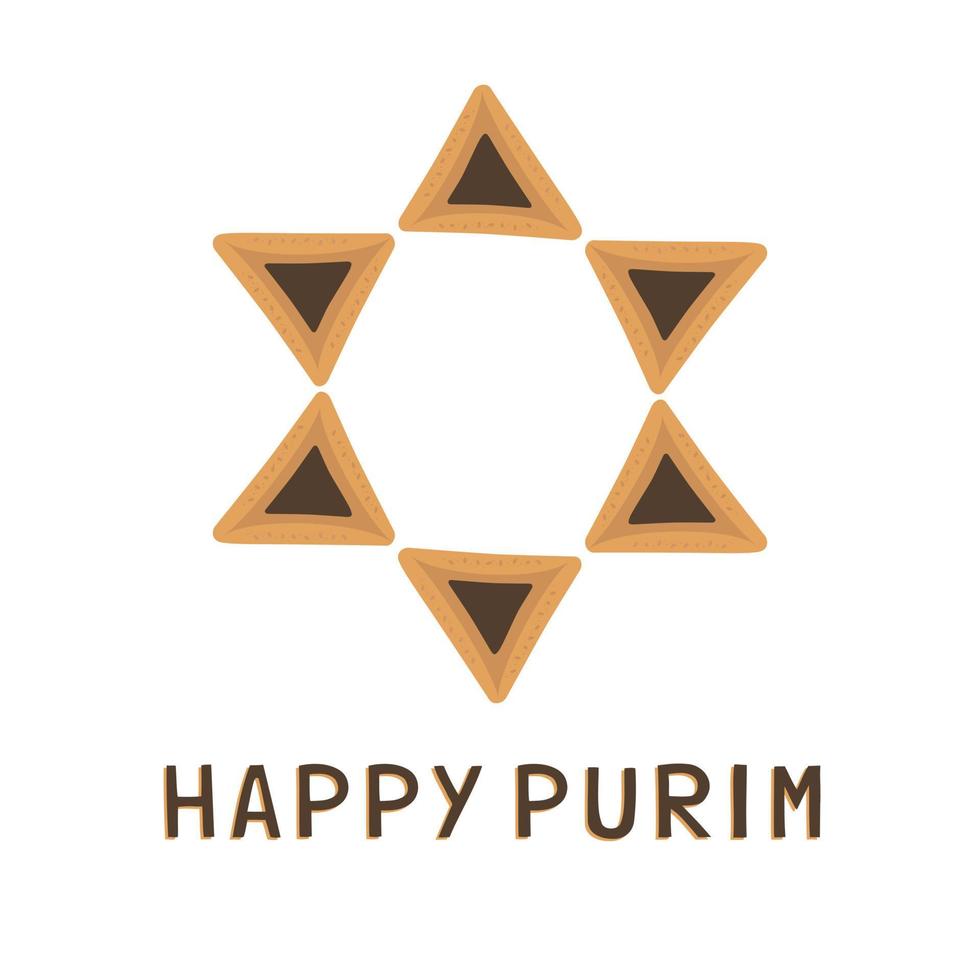 ícones de design plano de feriado de Purim de hamantashs em formato de estrela de David com texto em inglês vetor