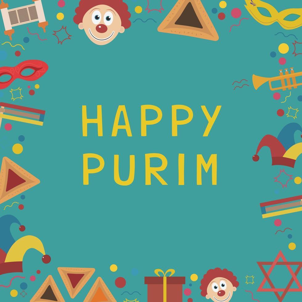 quadro com ícones de design plano de feriado de Purim com texto em inglês vetor