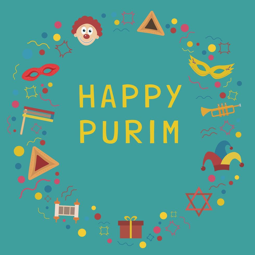 quadro com ícones de design plano de feriado de Purim com texto em inglês vetor