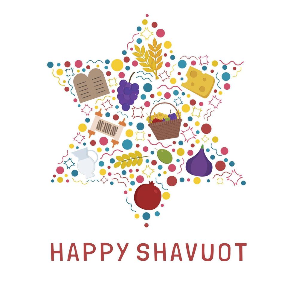 Ícones de design plano de férias Shavuot definidos em forma de estrela de David com texto em inglês vetor