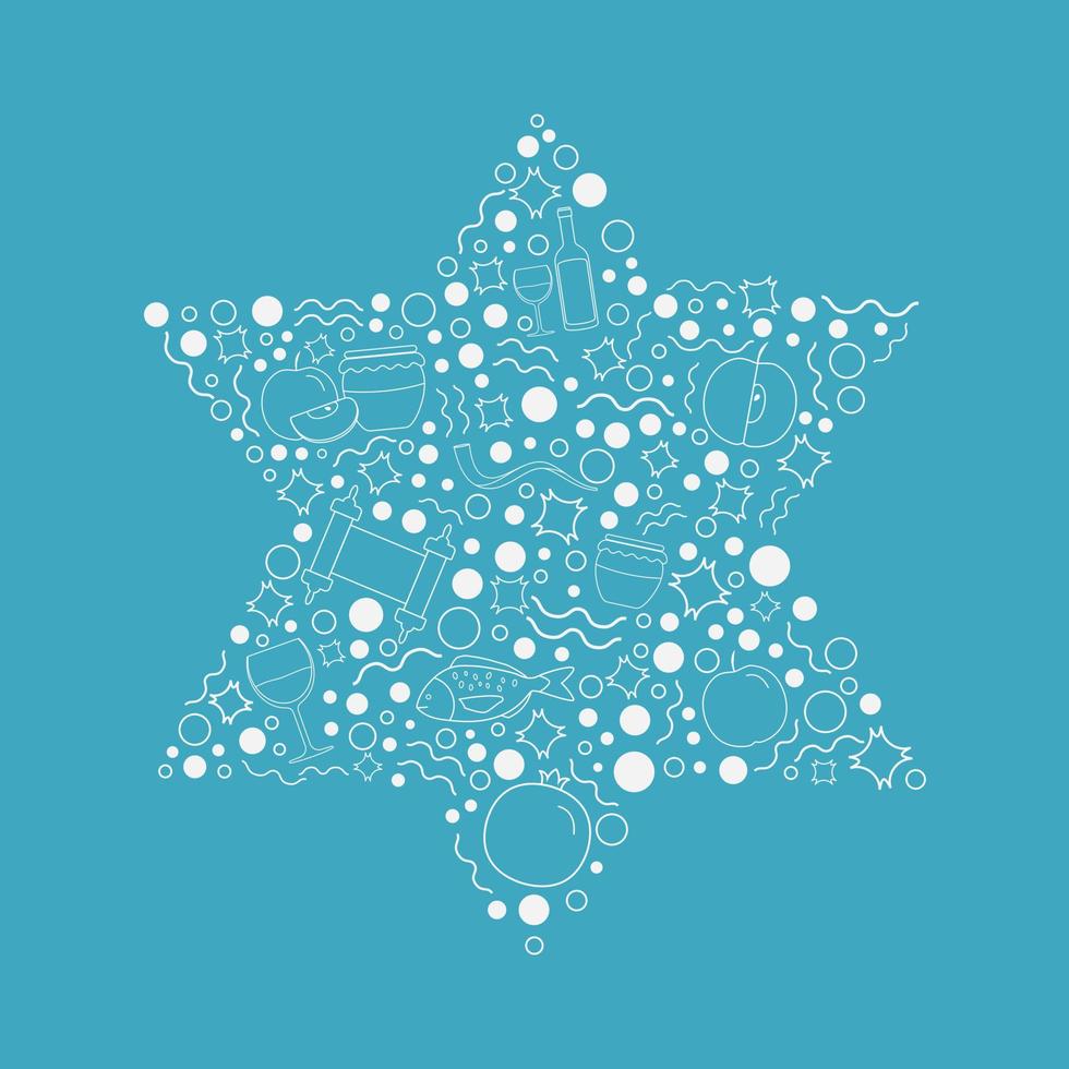 Rosh Hashaná feriado design plano ícones de linhas finas brancas em forma de estrela de David vetor