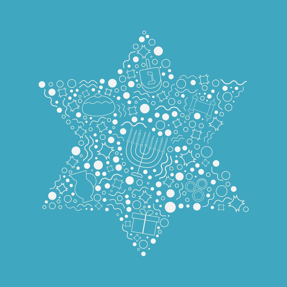 hanukkah feriado design plano ícones de linha fina branca definidos em forma de estrela de David vetor