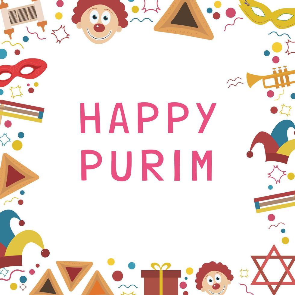 quadro com ícones de design plano de feriado de Purim com texto em inglês vetor