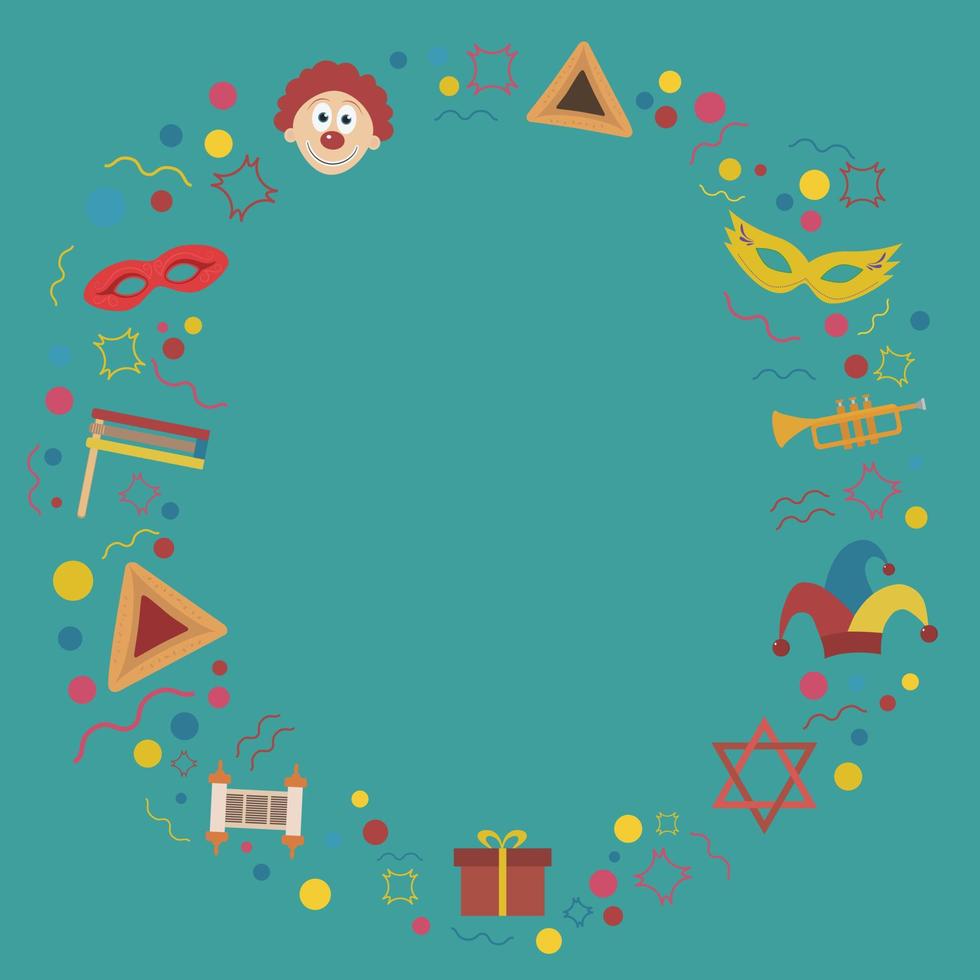 quadro com ícones de design plano de férias Purim vetor