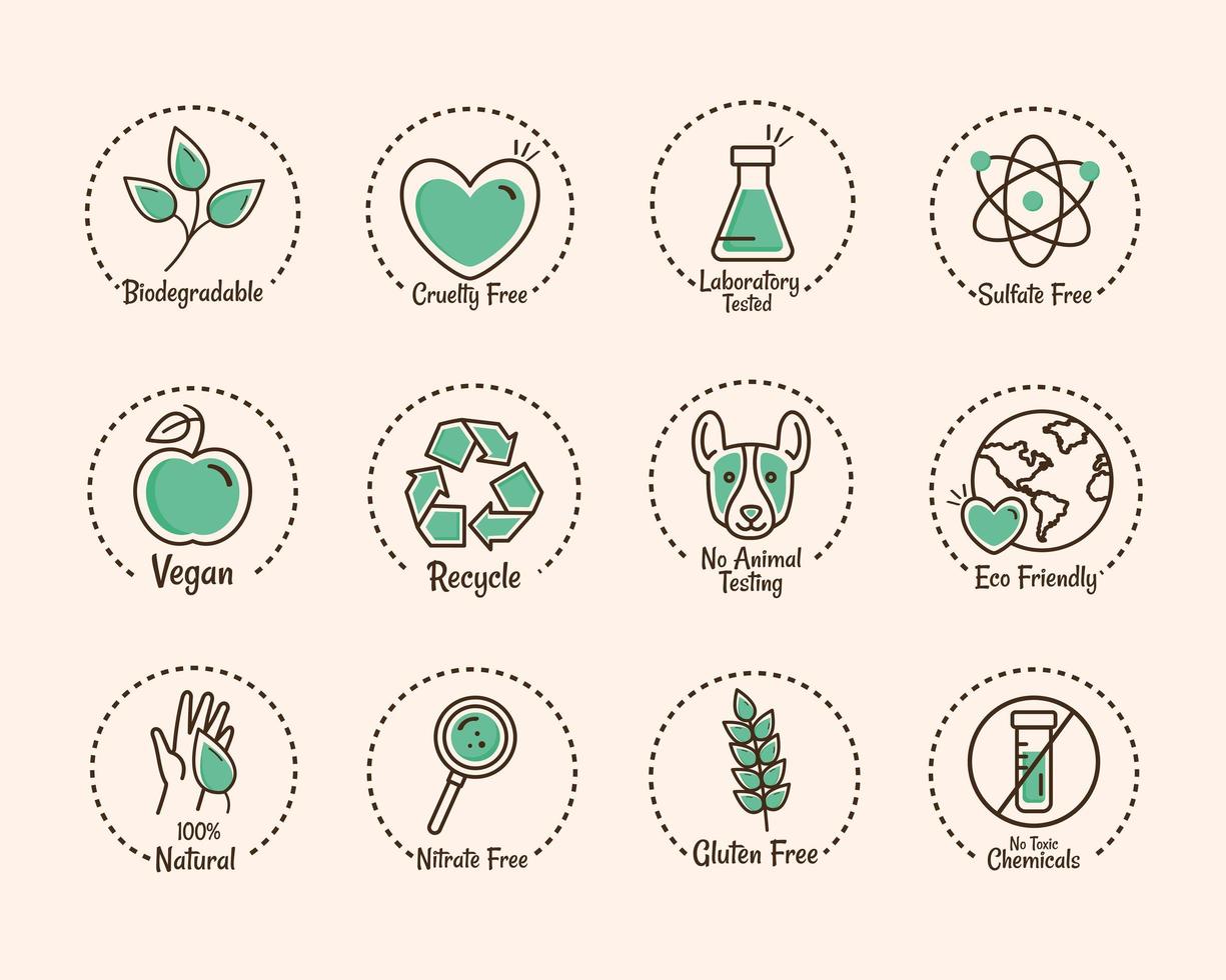 doze ícones de etiquetas de produtos vetor