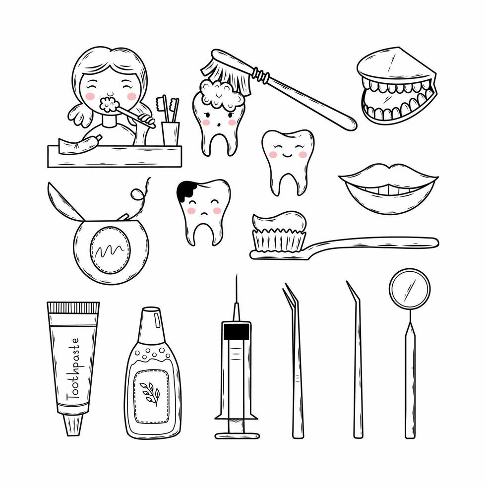 dentista Ferramentas para dental e oral Cuidado. higiene e dental saúde. mão desenhado rabisco definir. vetor contorno ilustração.