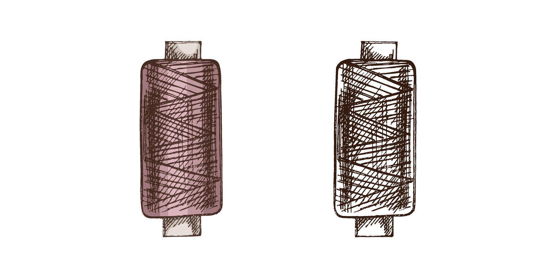 desenhado à mão colori e monocromático esboços do meada do fio. feito à mão, de costura equipamento conceito dentro vintage rabisco estilo. gravação estilo. vetor